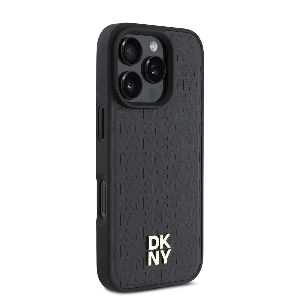 Apple iPhone 16 Pro Max Case DKNY Original Licensed M-safe Charging Feature 3D Printed Repeat Pattern Cover Black