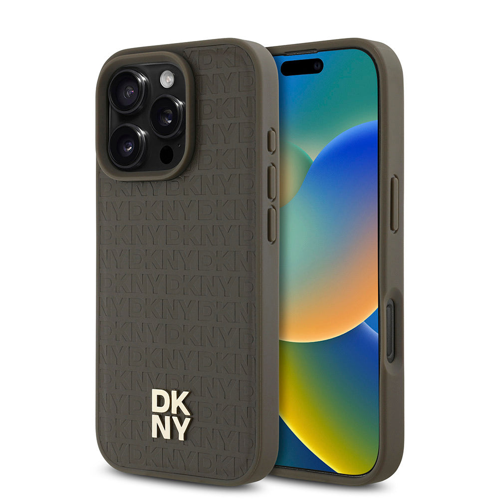 Apple iPhone 16 Pro Max Case DKNY Original Licensed M-safe Charging Feature 3D Printed Repeat Pattern Cover Black