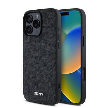Apple iPhone 16 Pro Max Kılıf DKNY Orjinal Lisanslı M-safe Şarj Özellikli Metal Logolu PU Deri Grained Kapak Siyah