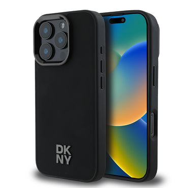 Apple iPhone 16 Pro Max Kılıf DKNY Orjinal Lisanslı M-safe Şarj Özellikli Metal Logolu PU Deri Plain Kapak Siyah