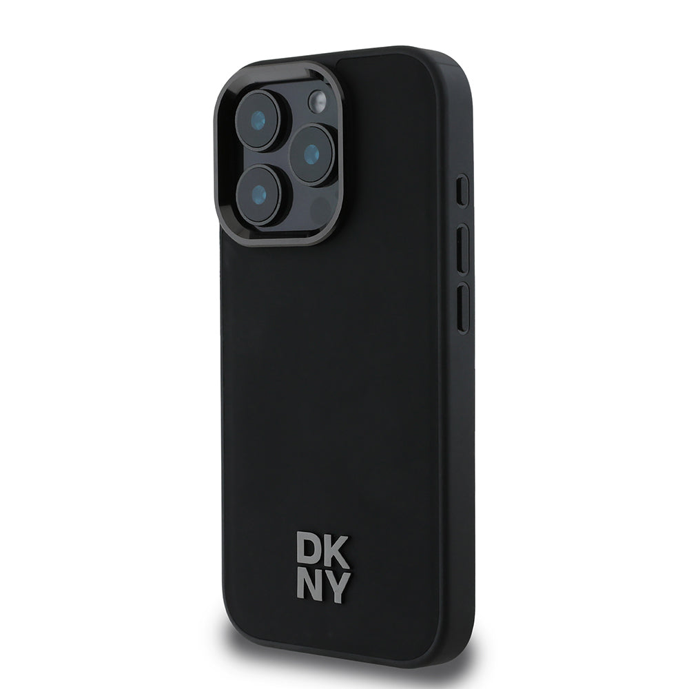 Apple iPhone 16 Pro Max Kılıf DKNY Orjinal Lisanslı M-safe Şarj Özellikli Metal Logolu PU Deri Plain Kapak Siyah