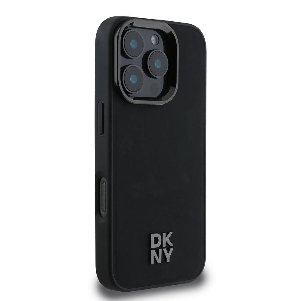 Apple iPhone 16 Pro Max Kılıf DKNY Orjinal Lisanslı M-safe Şarj Özellikli Metal Logolu PU Deri Plain Kapak Siyah