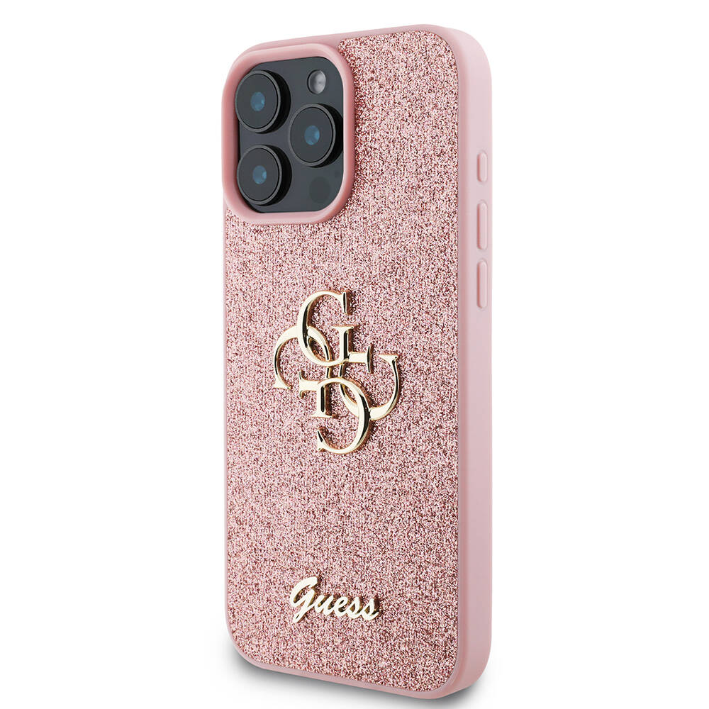 Apple iPhone 16 Pro Max Case Guess Original Licensed 4G Large Metal Logo Glitter Cover Black