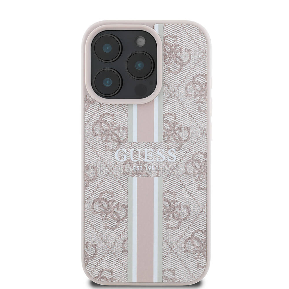 Apple iPhone 16 Pro Max Case Guess Original Licensed M-safe Charging Feature 4G Stripe Design Printed Cover Pink