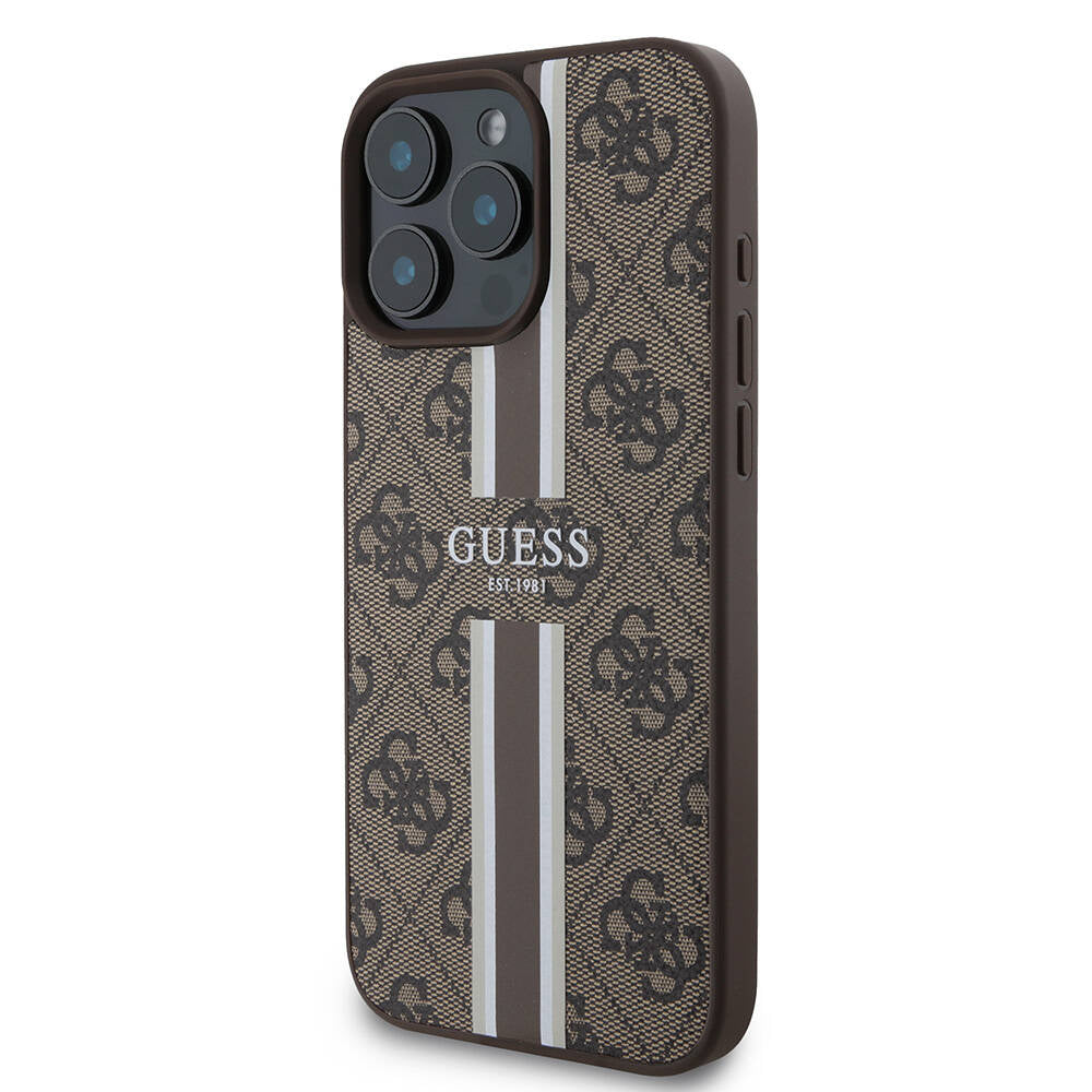 Apple iPhone 16 Pro Max Case Guess Original Licensed M-safe Charging Feature 4G Stripe Design Printed Cover Brown