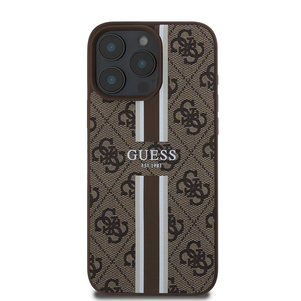 Apple iPhone 16 Pro Max Case Guess Original Licensed M-safe Charging Feature 4G Stripe Design Printed Cover Brown