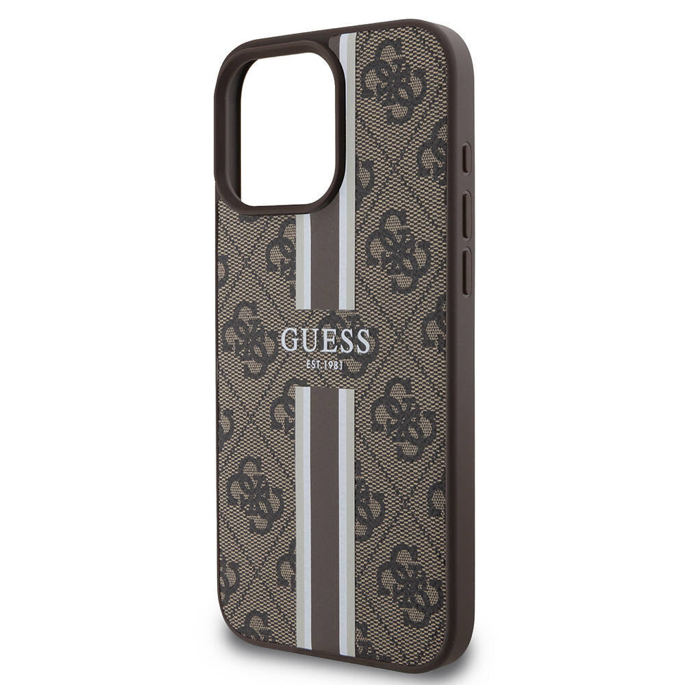 Apple iPhone 16 Pro Max Case Guess Original Licensed M-safe Charging Feature 4G Stripe Design Printed Cover Brown