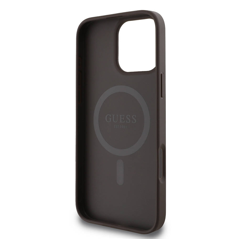 Apple iPhone 16 Pro Max Case Guess Original Licensed M-safe Charging Feature 4G Stripe Design Printed Cover Brown