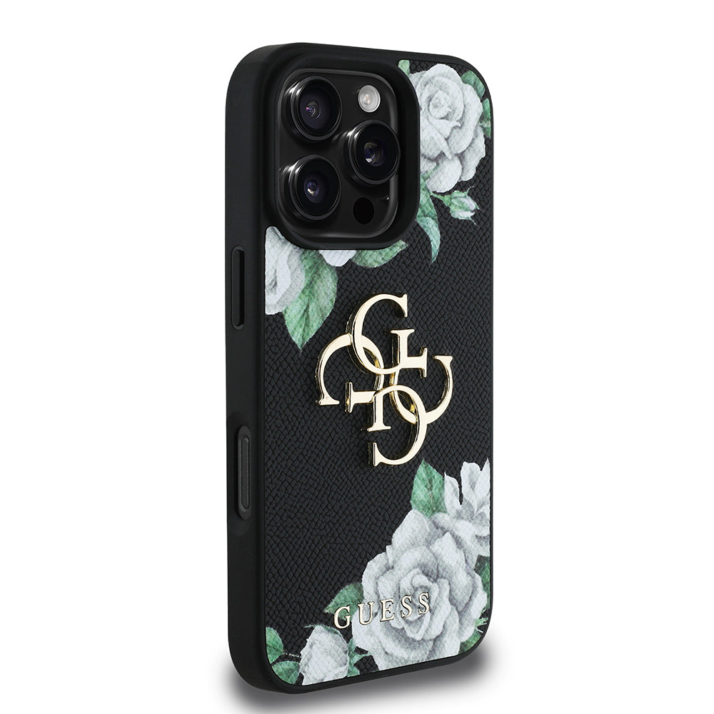 Apple iPhone 16 Pro Max Case Guess Original Licensed Rose Printed Large Metal Logo Design Cover Purple