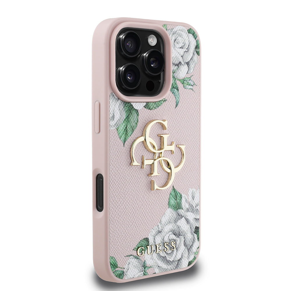 Apple iPhone 16 Pro Max Case Guess Original Licensed Rose Printed Large Metal Logo Design Cover Purple