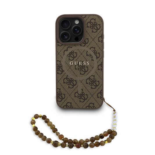 Apple iPhone 16 Pro Max Case Guess Original Licensed M-safe Charging Function PU Leather Wrist Strap Rope Cover with Logo Text Brown