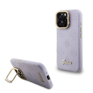 Apple iPhone 16 Pro Max Kılıf Guess Orjinal Lisanslı M-safe Şarj Özellikli Sıcak Baskılı Yazı Logolu Kamera Standlı PU Deri Peony Kapak Siyah