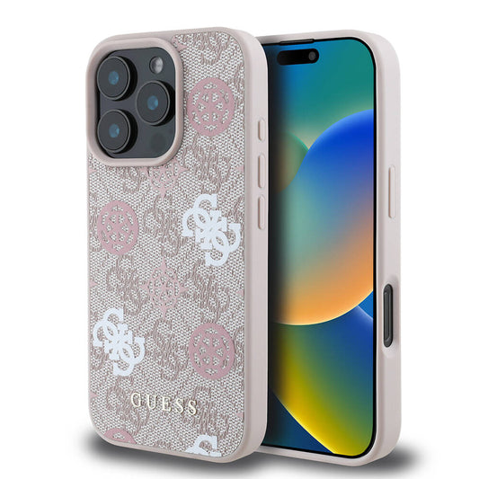 Apple iPhone 16 Pro Max Case Guess Original Licensed M-safe Charging Feature 4G Patterned Text Logo Peony Cover Pink