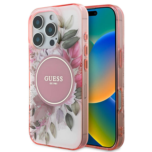 Apple iPhone 16 Pro Max Case Guess Original Licensed M-safe Charging Feature Flower Tonal Circle Cover Pink