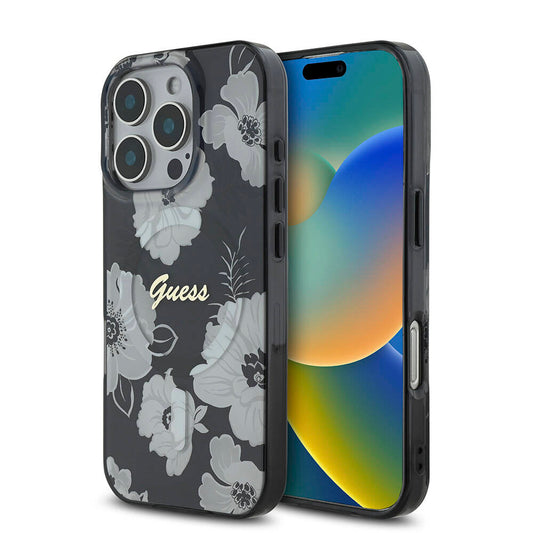 Apple iPhone 16 Pro Max Case Guess Original Licensed M-safe Charging Feature Flower Tone On Tone Ring Cover Black