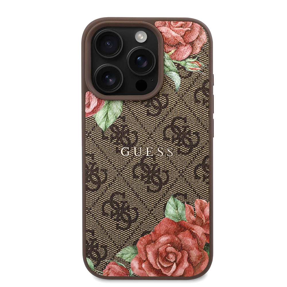 Apple iPhone 16 Pro Max Case Guess Original Licensed M-safe Charging Feature Rose Printed 4G Patterned Text Logo Cover Brown