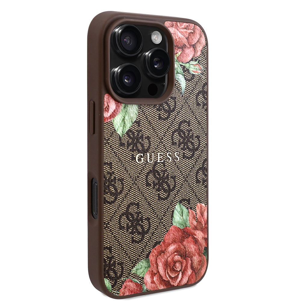 Apple iPhone 16 Pro Max Case Guess Original Licensed M-safe Charging Feature Rose Printed 4G Patterned Text Logo Cover Brown