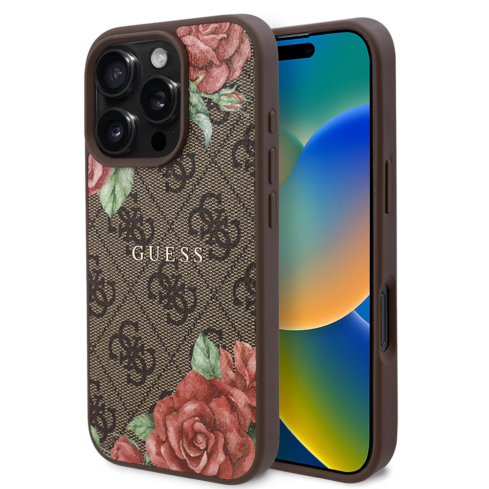 Apple iPhone 16 Pro Max Case Guess Original Licensed M-safe Charging Feature Rose Printed 4G Patterned Text Logo Cover Brown