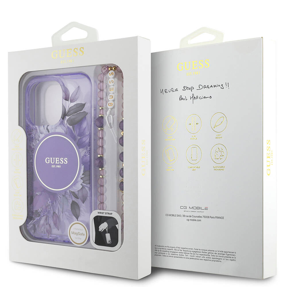 Apple iPhone 16 Pro Max Case Guess Original Licensed M-safe Charging Feature IML Printed Flower Pearl Bracelet Cover Pink