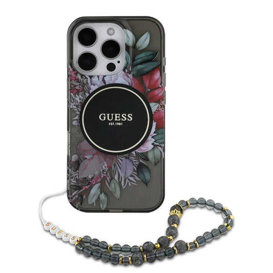 Apple iPhone 16 Pro Max Case Guess Original Licensed M-safe Charging Feature IML Printed Flower Pearl Bracelet Cover Black