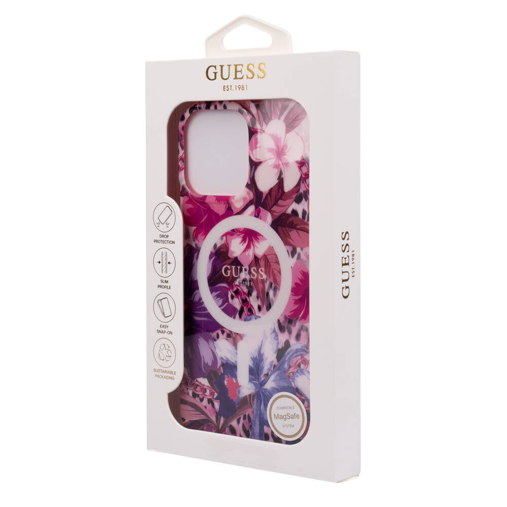 Apple iPhone 16 Pro Max Case Guess Original Licensed M-safe Charging Feature IML Printed Jungle Ring Cover Purple