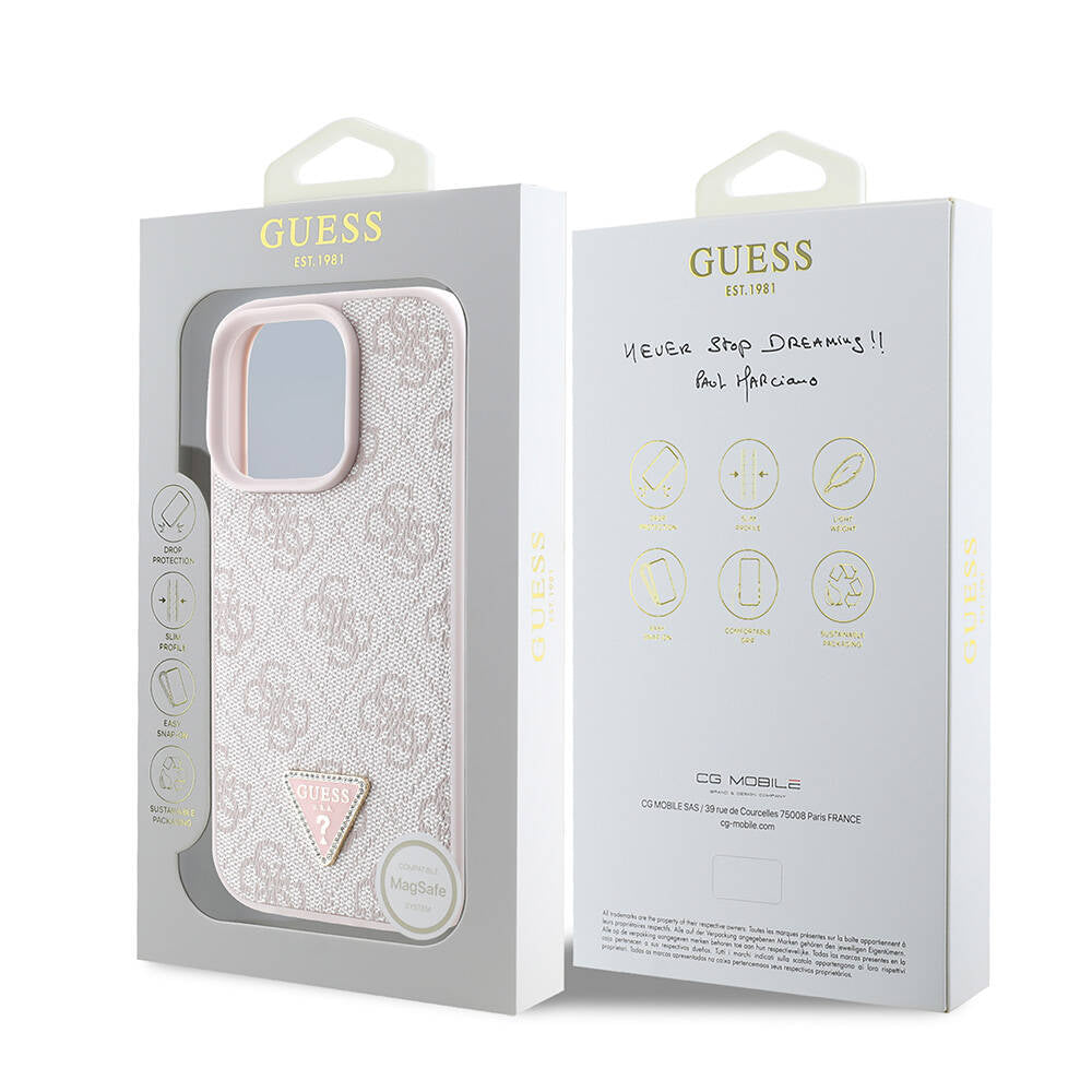 Apple iPhone 16 Pro Max Case Guess Original Licensed M-safe Charging Feature PU Leather 4G Patterned Stone Triangle Logo Cover Pink