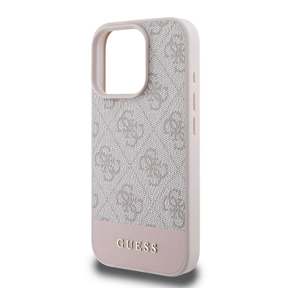Apple iPhone 16 Pro Max Case Guess Original Licensed M-safe Charging Feature PU Leather Stripe Logo Design Cover Pink