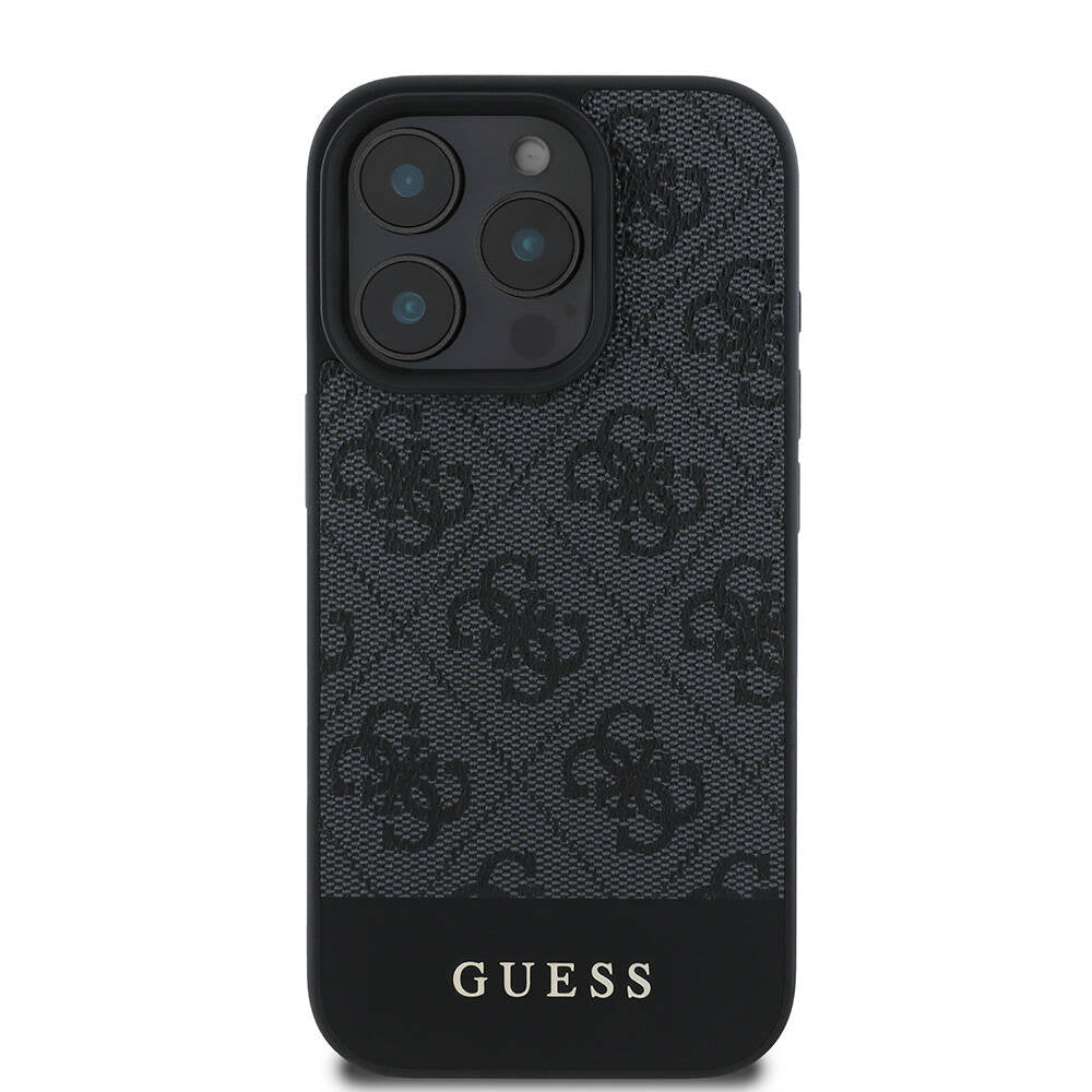 Apple iPhone 16 Pro Max Case Guess Original Licensed M-safe Charging Feature PU Leather Stripe Logo Design Cover Black