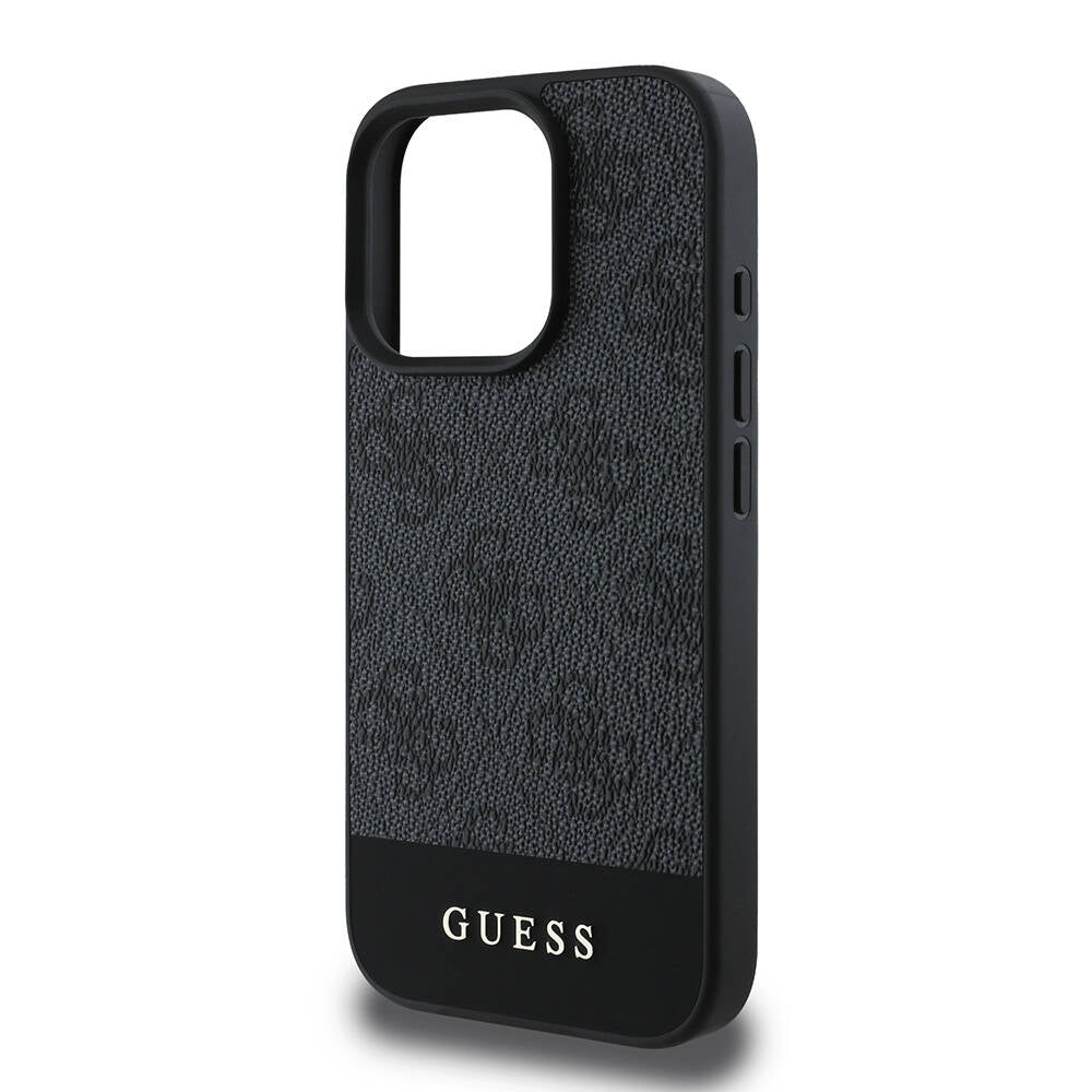 Apple iPhone 16 Pro Max Case Guess Original Licensed M-safe Charging Feature PU Leather Stripe Logo Design Cover Black