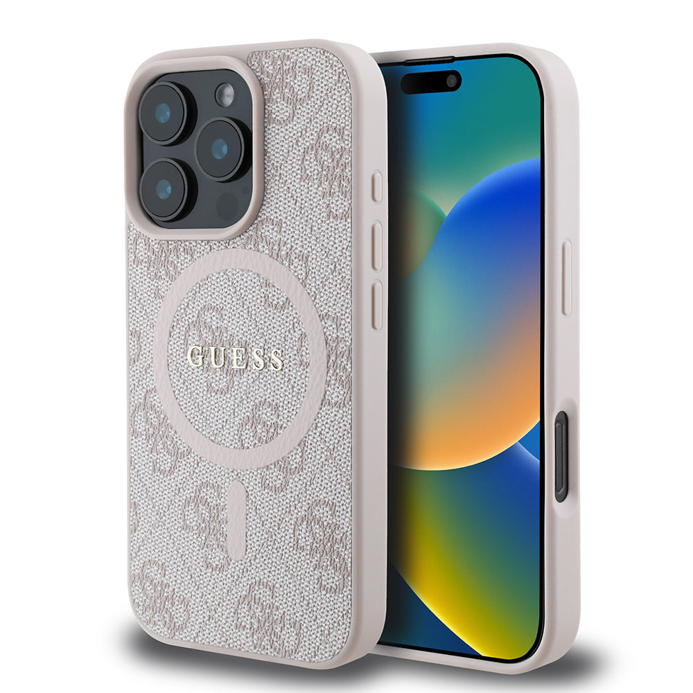 Apple iPhone 16 Pro Max Case Guess Original Licensed M-safe Charging Feature PU Ring 4G Patterned Text Logo Cover Pink