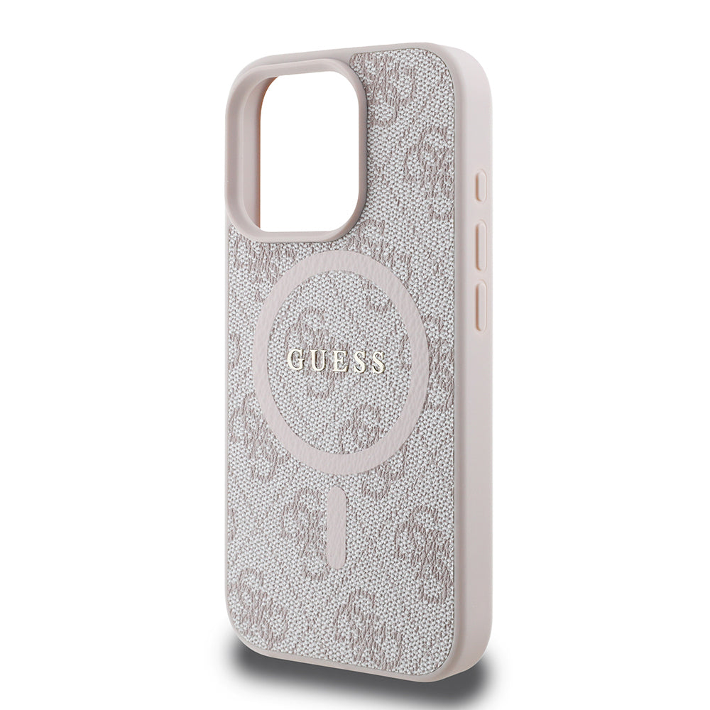 Apple iPhone 16 Pro Max Case Guess Original Licensed M-safe Charging Feature PU Ring 4G Patterned Text Logo Cover Pink