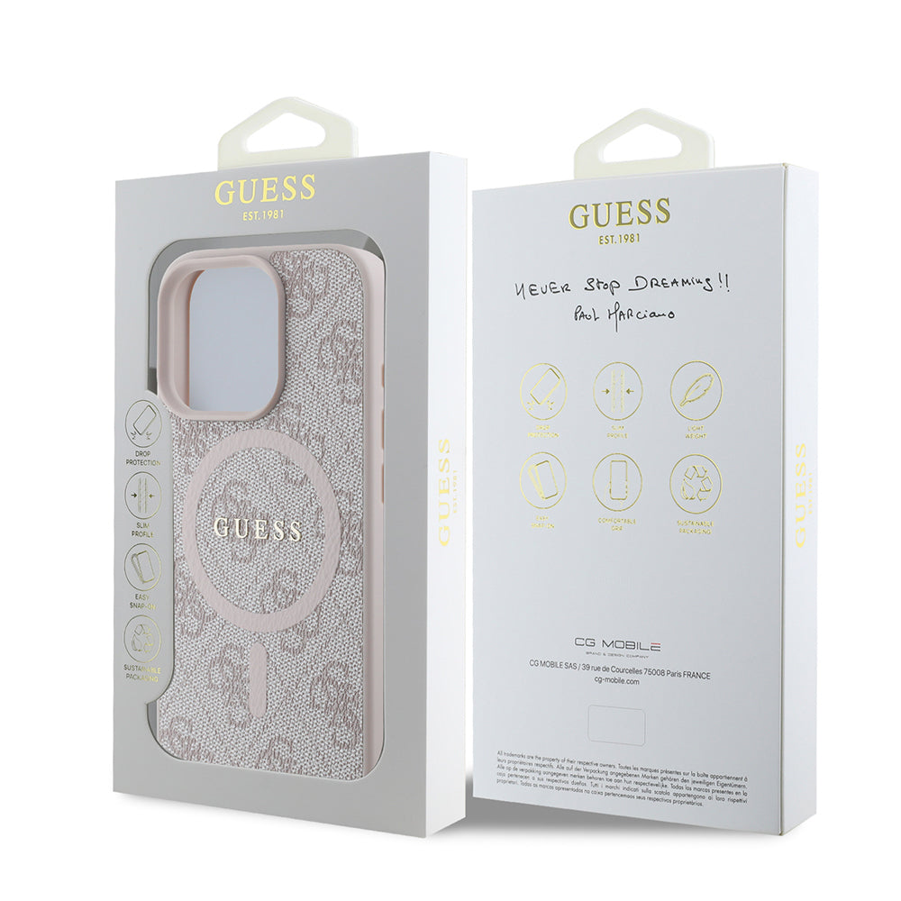 Apple iPhone 16 Pro Max Case Guess Original Licensed M-safe Charging Feature PU Ring 4G Patterned Text Logo Cover Pink