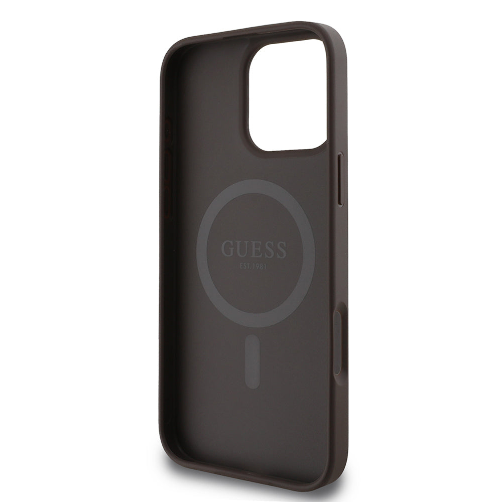 Apple iPhone 16 Pro Max Case Guess Original Licensed M-safe Charging Feature PU Ring 4G Patterned Text Logo Cover Brown