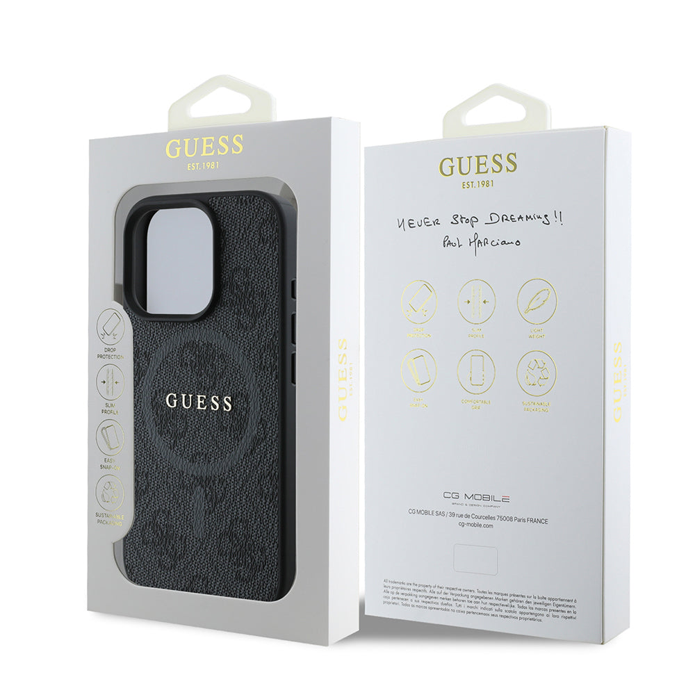Apple iPhone 16 Pro Max Case Guess Original Licensed M-safe Charging Feature PU Ring 4G Patterned Text Logo Cover Brown