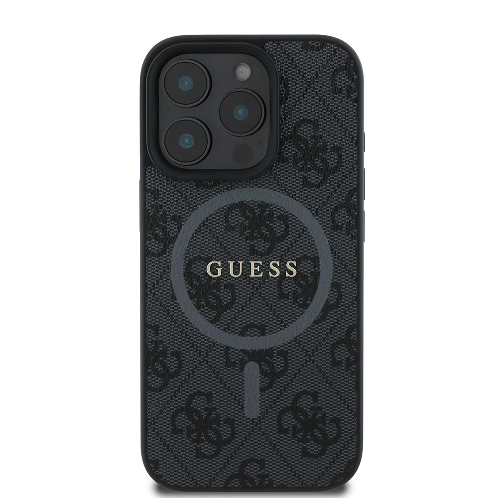 Apple iPhone 16 Pro Max Case Guess Original Licensed M-safe Charging Feature PU Ring 4G Patterned Text Logo Cover Black