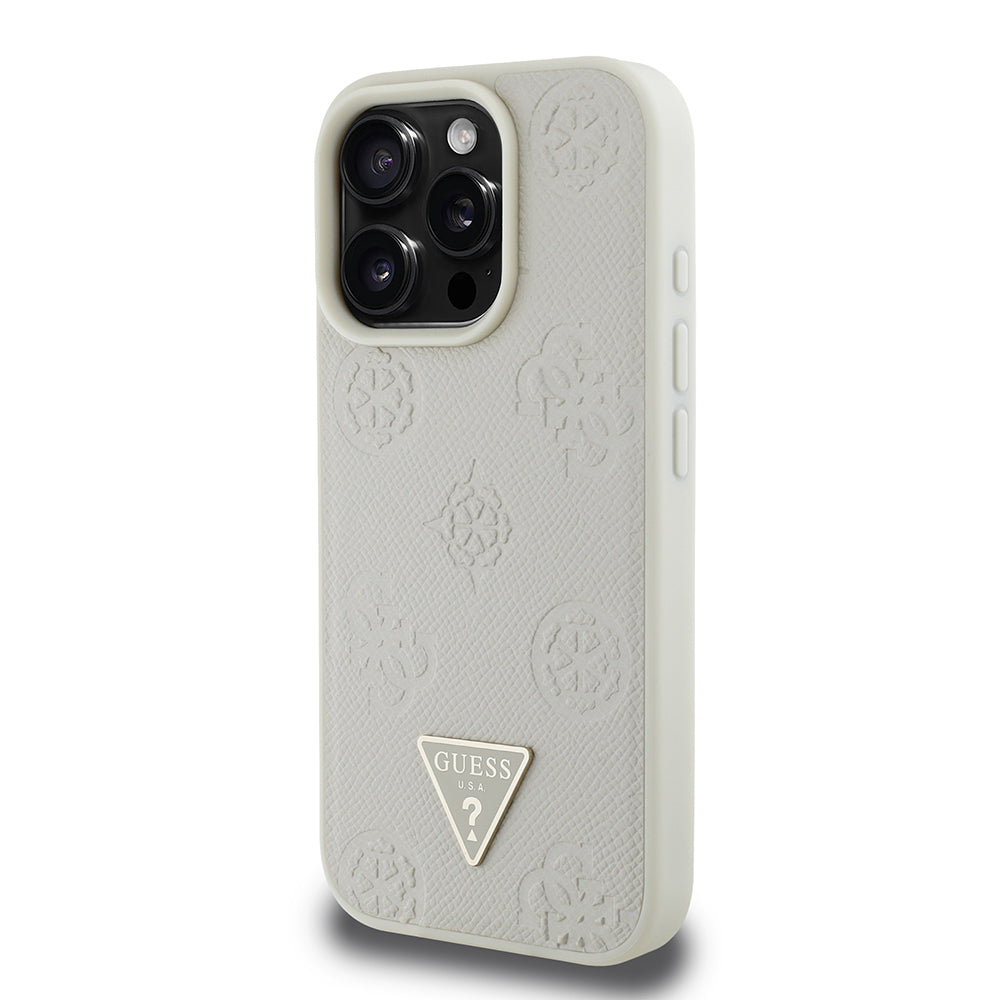 Apple iPhone 16 Pro Max Case Guess Original Licensed M-safe Charging Feature Hot Printed Triangle Logo PU Leather Peony Cover Beige