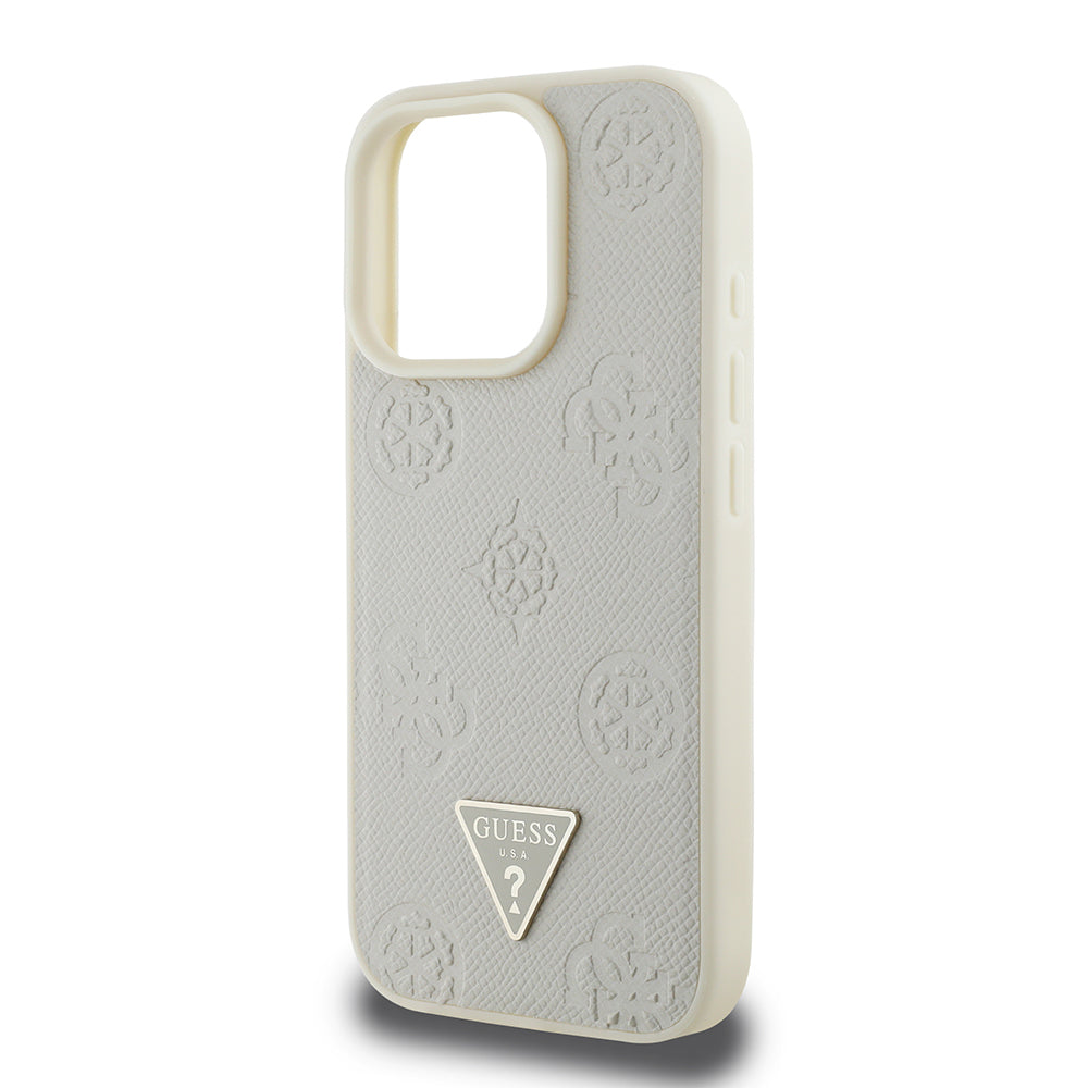Apple iPhone 16 Pro Max Case Guess Original Licensed M-safe Charging Feature Hot Printed Triangle Logo PU Leather Peony Cover Beige