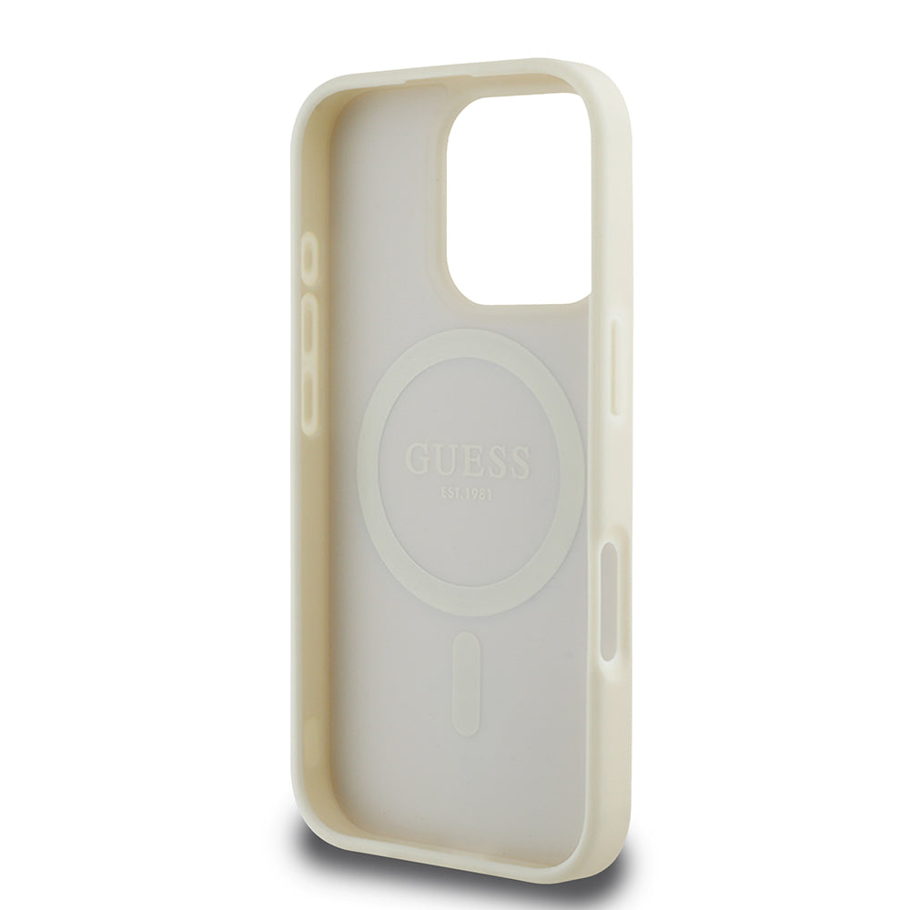 Apple iPhone 16 Pro Max Case Guess Original Licensed M-safe Charging Feature Hot Printed Triangle Logo PU Leather Peony Cover Beige