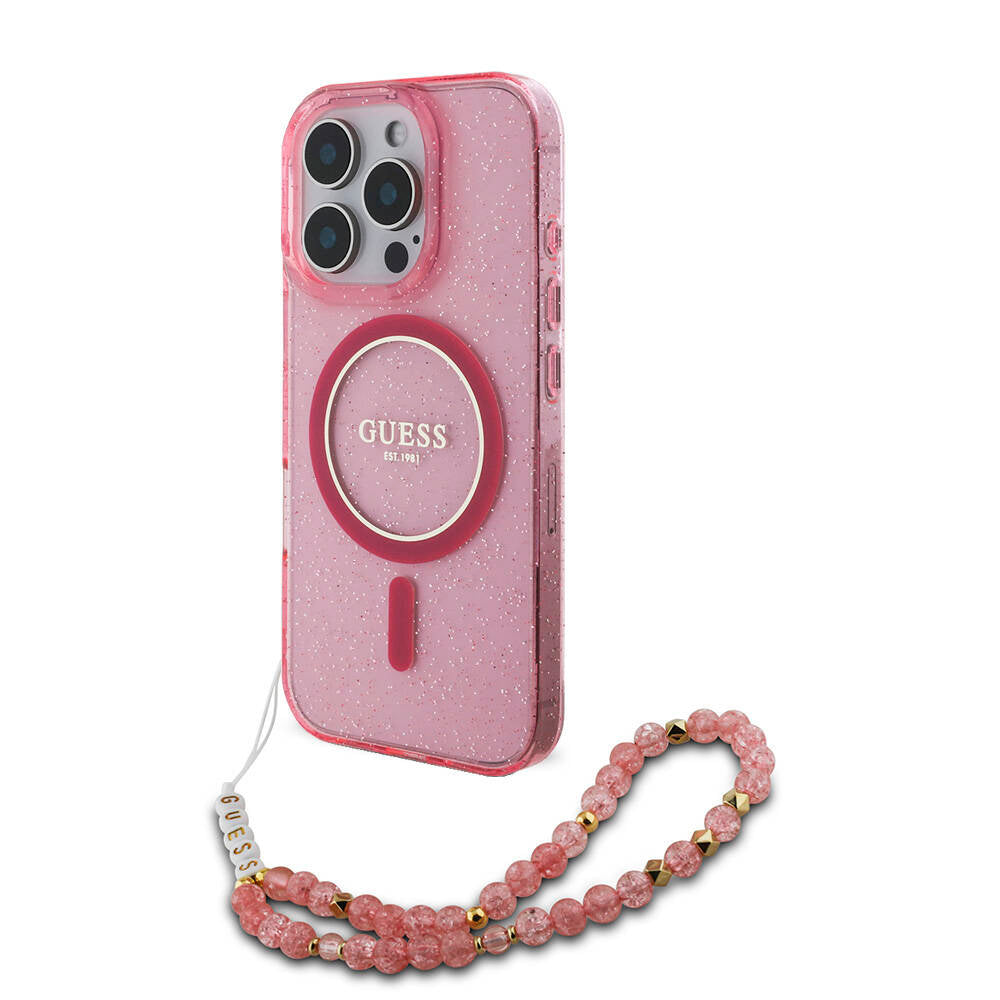 Apple iPhone 16 Pro Max Case Guess Original Licensed M-safe Charging Feature Glittery Silicone Pearl Bracelet Cover Transparent
