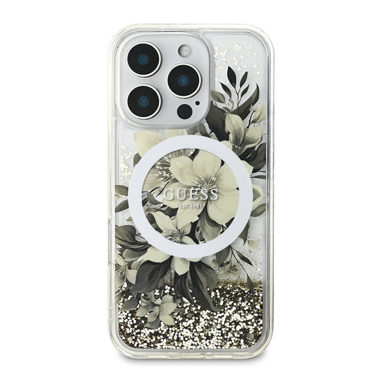 Apple iPhone 16 Pro Max Kılıf Guess Orjinal Lisanslı M-safe Şarj Özellikli Sıvılı Simli Çiçek Desenli Kapak Bej