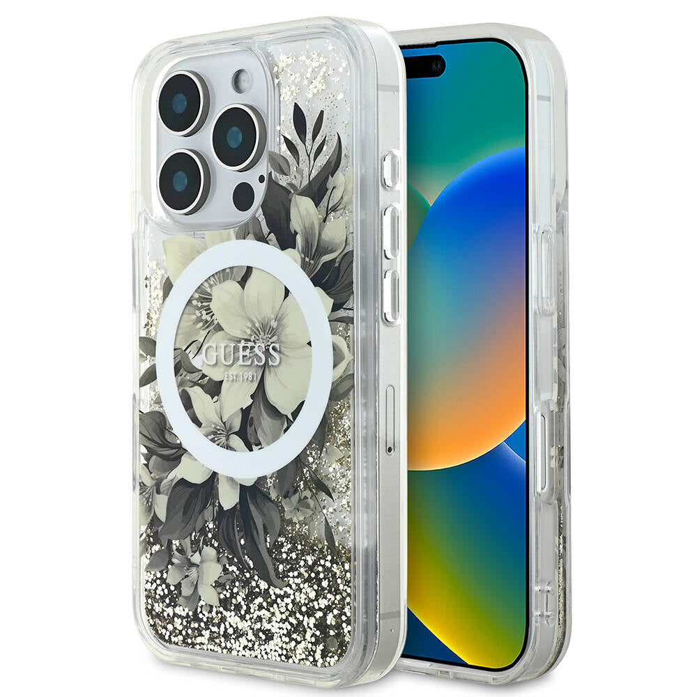 Apple iPhone 16 Pro Max Case Guess Original Licensed M-safe Charging Feature Liquid Glitter Flower Patterned Cover Green