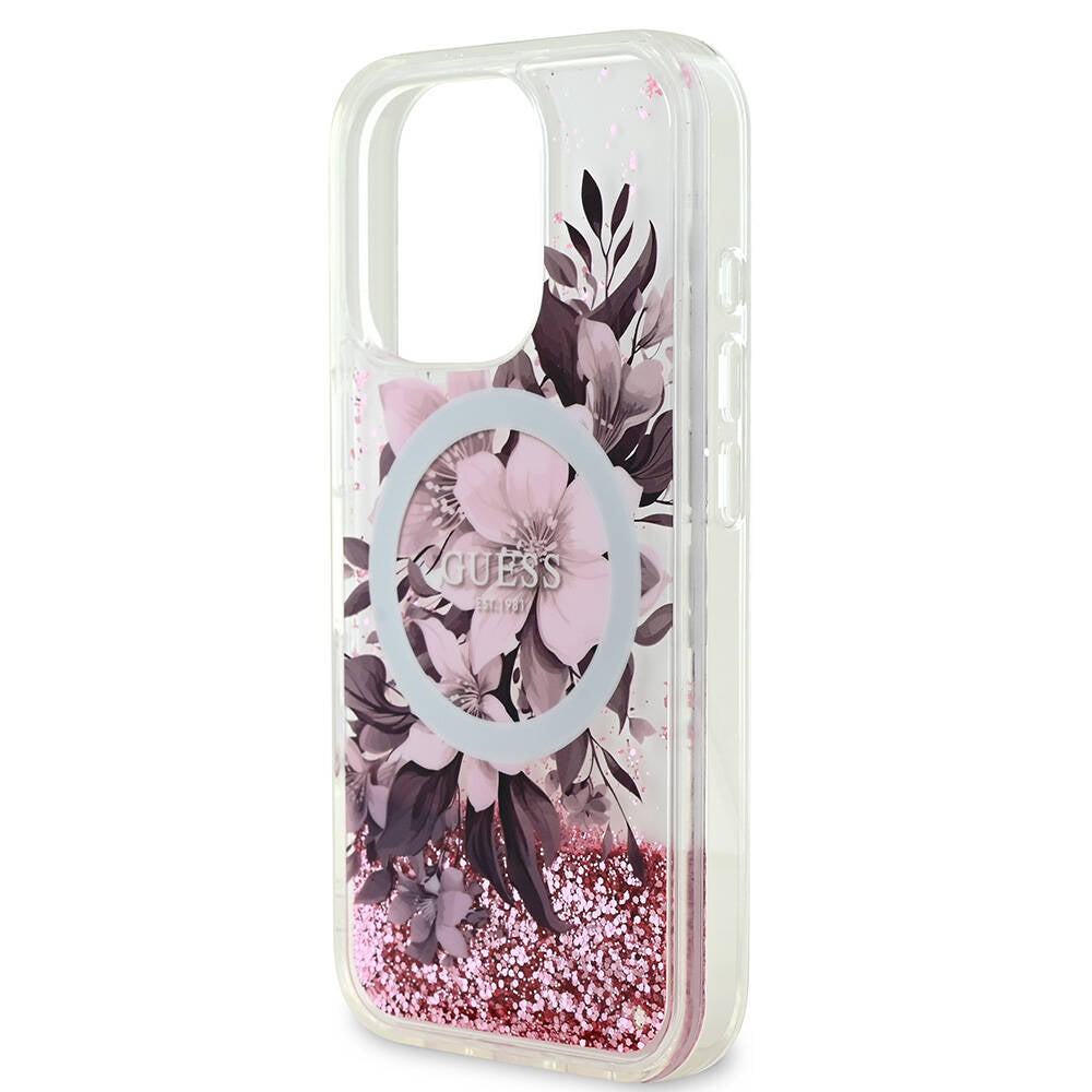 Apple iPhone 16 Pro Max Case Guess Original Licensed M-safe Charging Feature Liquid Glitter Flower Patterned Cover Green