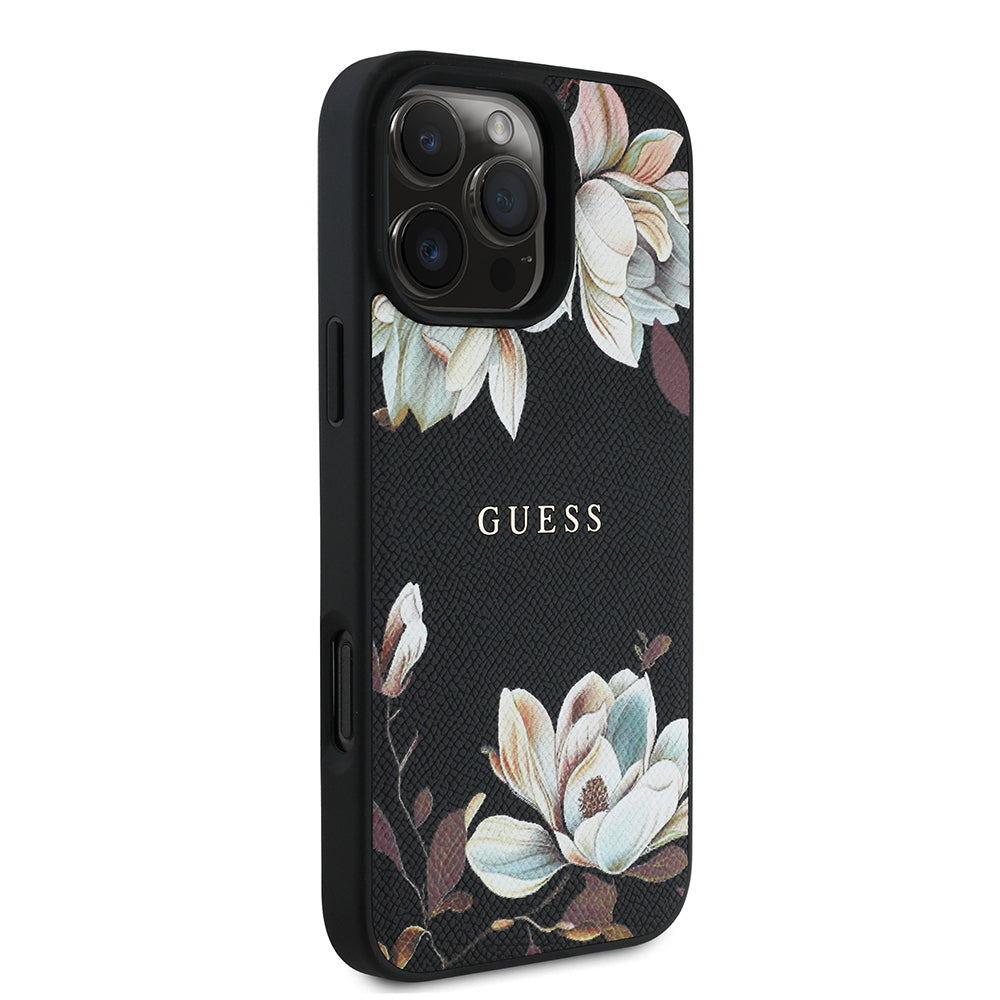 Apple iPhone 16 Pro Max Case Guess Original Licensed M-safe Charging Feature Grained Flower Design Metal Lettering Logo Cover Pink