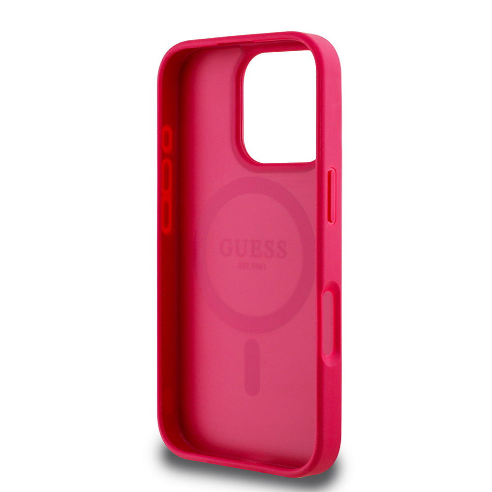 Apple iPhone 16 Pro Max Kılıf Guess Orjinal Lisanslı M-safe Şarj Özellikli Taneli Çiçek Tasarımlı Metal Yazı Logolu Kapak Pembe