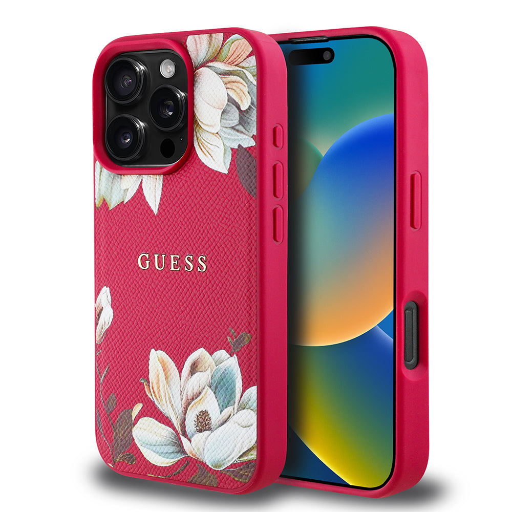Apple iPhone 16 Pro Max Kılıf Guess Orjinal Lisanslı M-safe Şarj Özellikli Taneli Çiçek Tasarımlı Metal Yazı Logolu Kapak Pembe