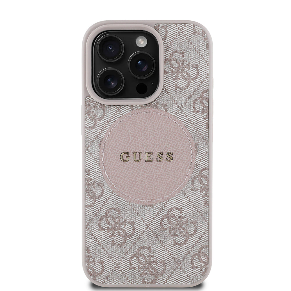 Apple iPhone 16 Pro Max Kılıf Guess Orjinal Lisanslı M-safe Şarj Özellikli Yazı Logolu Circle Classic Kapak Pembe
