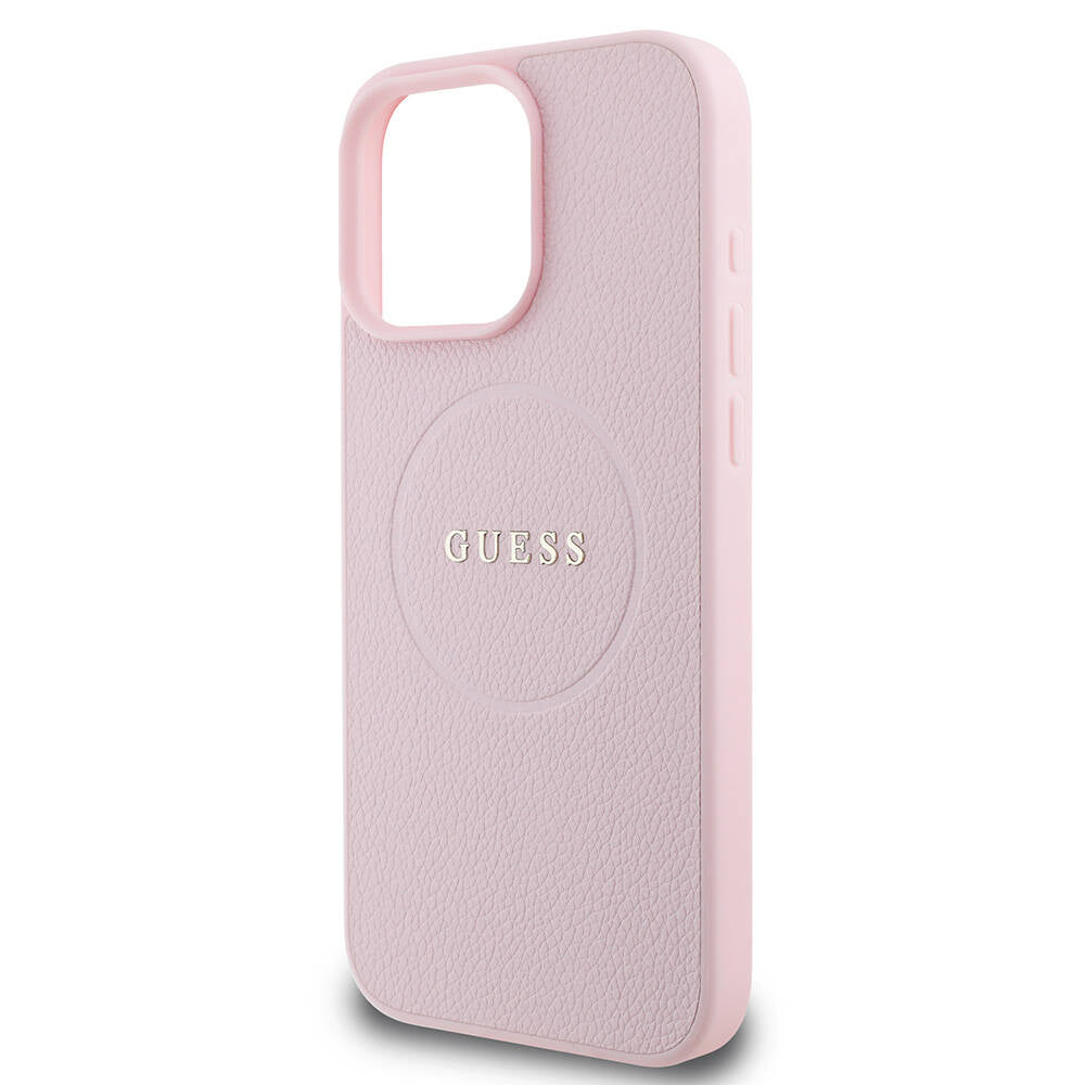 Apple iPhone 16 Pro Max Case Guess Original Licensed M-safe Charging Feature Grained Cover Pink with Text Logo