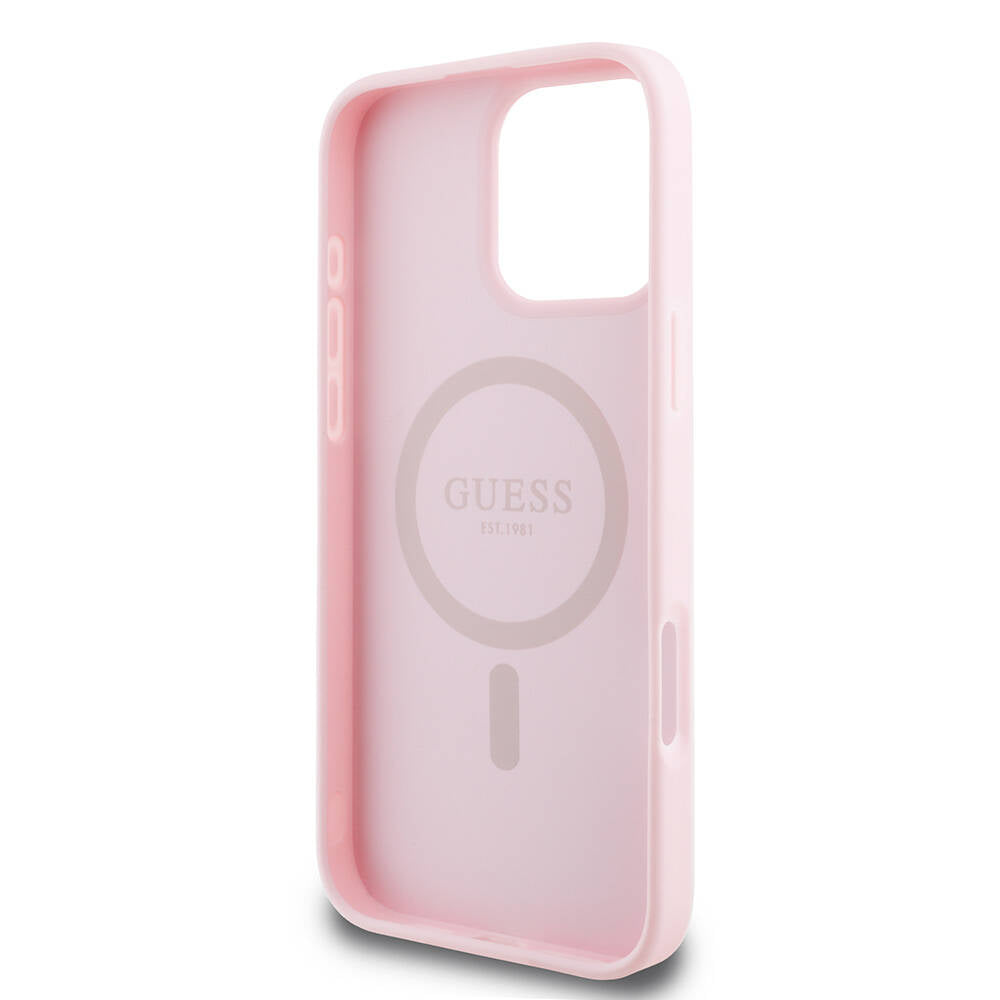 Apple iPhone 16 Pro Max Case Guess Original Licensed M-safe Charging Feature Grained Cover Pink with Text Logo