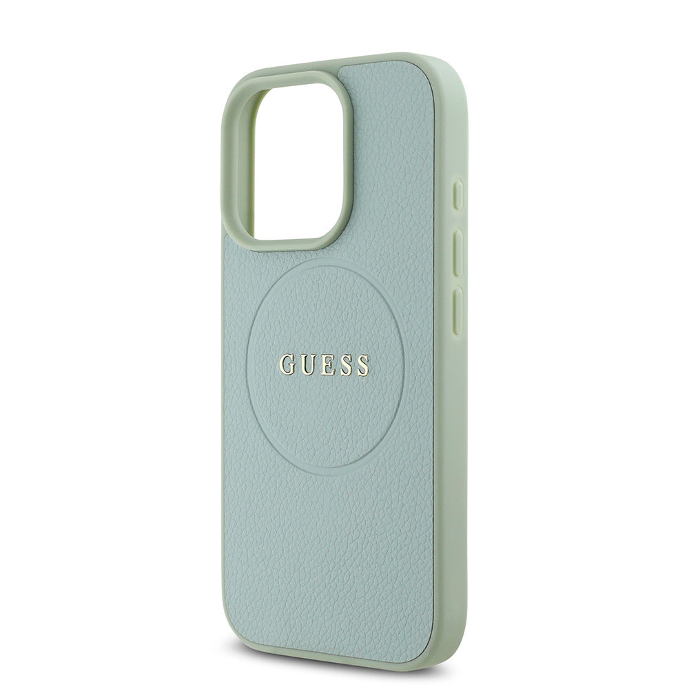 Apple iPhone 16 Pro Max Case Guess Original Licensed M-safe Charging Feature Grained Cover Green with Text Logo