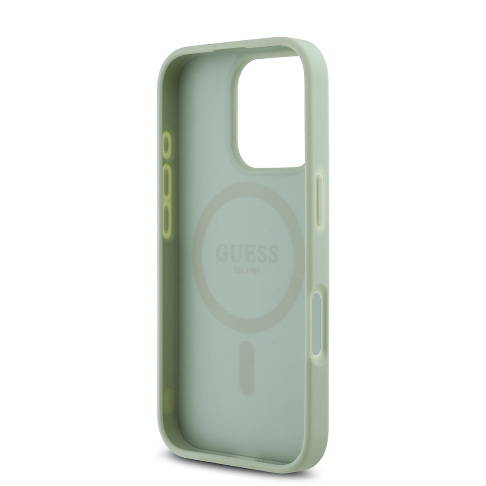 Apple iPhone 16 Pro Max Case Guess Original Licensed M-safe Charging Feature Grained Cover Pink with Text Logo
